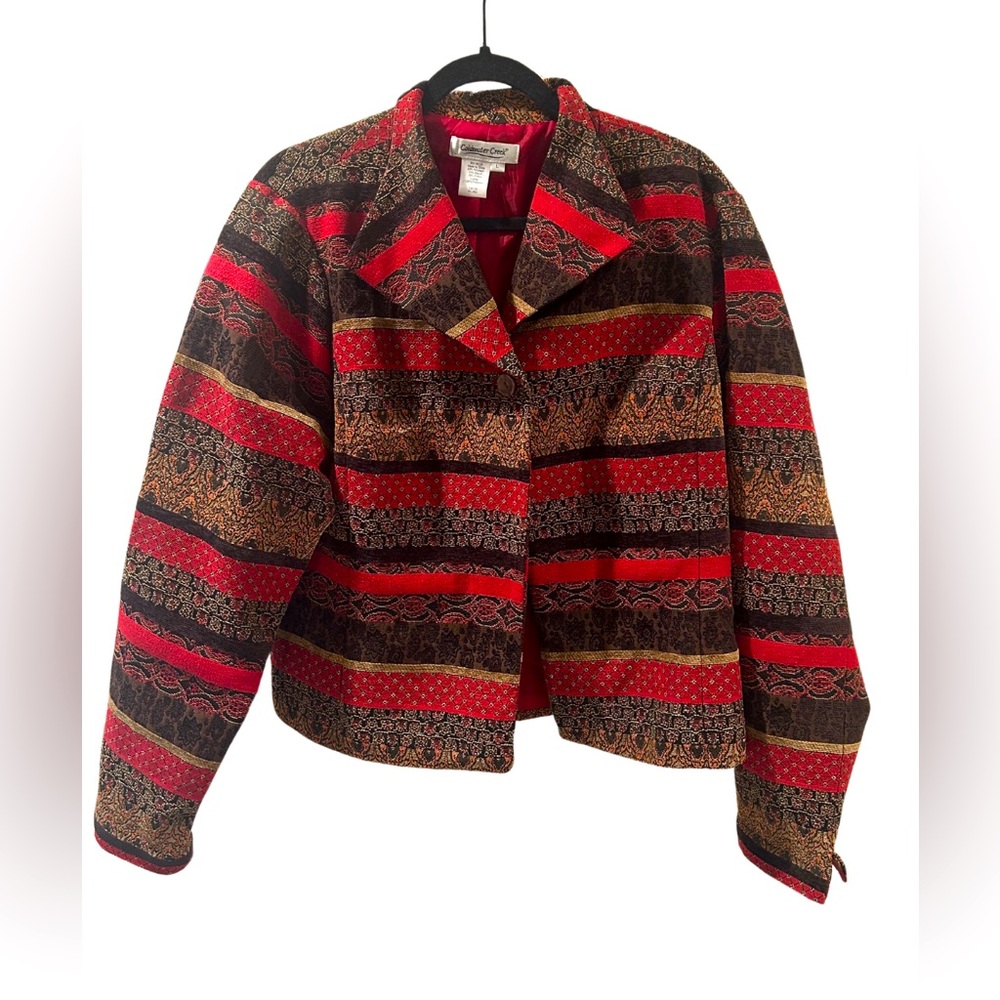 Coldwater Creek Red Boho Woven Tapestry Jacket | Size Large | Red/Multi